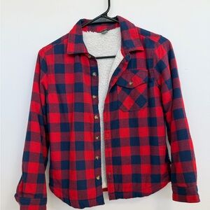 Eddie Bauer Red and Navy Plaid Sherpa-Lined Shirt